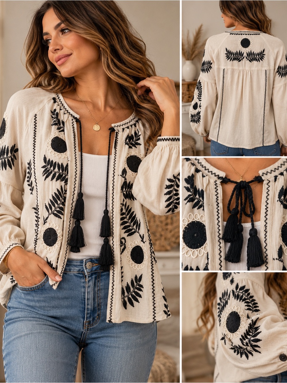 Zara Embroidered Open Front Boho Top S Cream Black Tassel Tie Eyelet Blouse